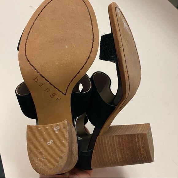 Hinge Cora Block Heel Sandal black leather SUEDE open toe strappy zip up 7.5 - Picture 6 of 10